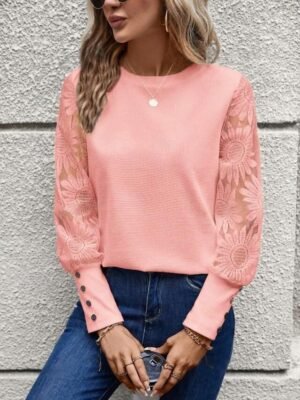 Elegant Lace Fitted Eyelet Crew Neck Long Sleeve Blouse - Image 7