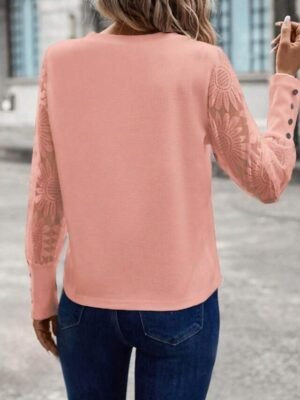 Elegant Lace Fitted Eyelet Crew Neck Long Sleeve Blouse - Image 8