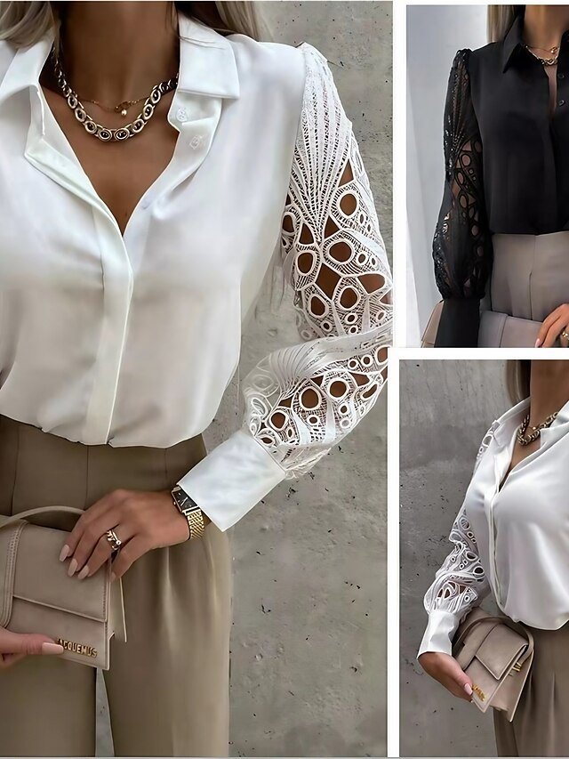 Elegant Lace Patchwork Shirt Collar Long Sleeve Blouse - Image 1