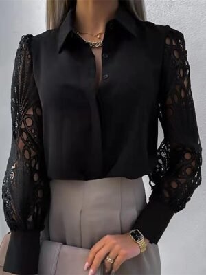 Elegant Lace Patchwork Shirt Collar Long Sleeve Blouse - Image 2