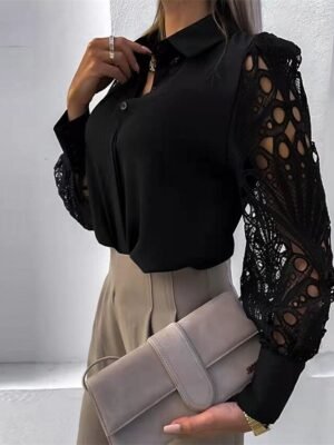 Elegant Lace Patchwork Shirt Collar Long Sleeve Blouse - Image 3