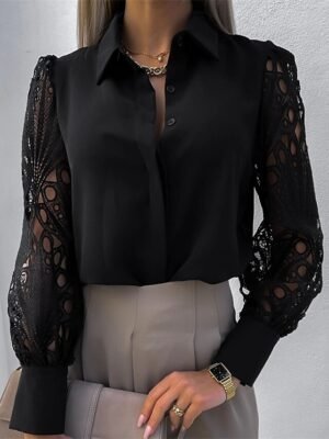Elegant Lace Patchwork Shirt Collar Long Sleeve Blouse - Image 4