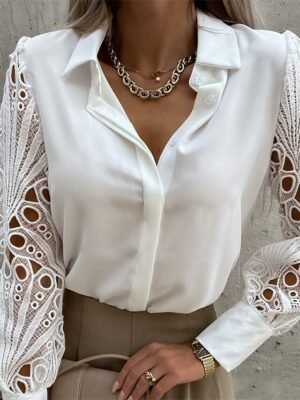 Elegant Lace Patchwork Shirt Collar Long Sleeve Blouse - Image 5