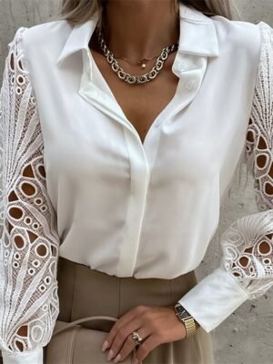Elegant Lace Patchwork Shirt Collar Long Sleeve Blouse - Image 7
