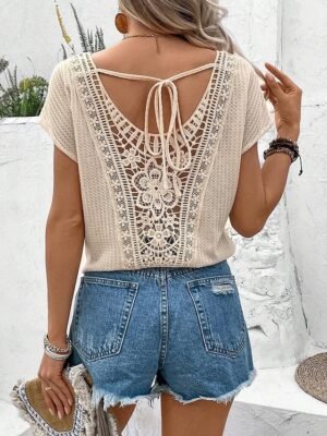 Elegant Lace V Neck Short Sleeve Petite Blouse - Image 1