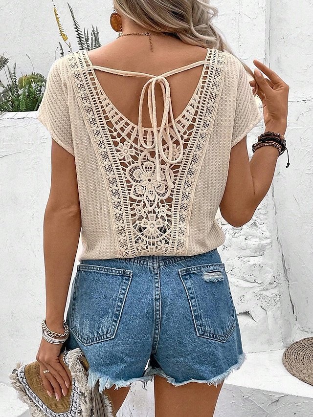 Elegant Lace V Neck Short Sleeve Petite Blouse - Image 1