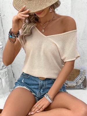 Elegant Lace V Neck Short Sleeve Petite Blouse - Image 4