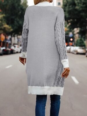 Elegant Long Sleeve Colour Block Open Front Long Cardigan - Image 2
