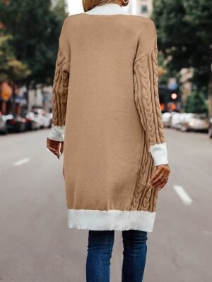 Elegant Long Sleeve Colour Block Open Front Long Cardigan - Image 5