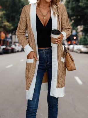 Elegant Long Sleeve Colour Block Open Front Long Cardigan - Image 6