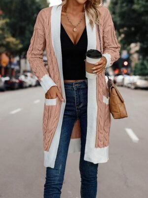 Elegant Long Sleeve Colour Block Open Front Long Cardigan - Image 7