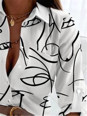 Elegant Loose Abstract Print Shirt Collar Long Sleeve Blouse - Image 3