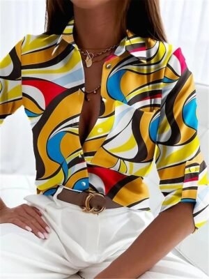 Elegant Loose Abstract Print Shirt Collar Long Sleeve Blouse - Image 5
