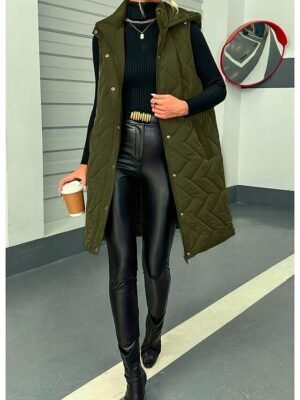 Elegant Loose Army Green Hooded Sleeveless Shrug - Image 4