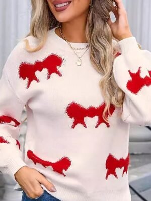 Elegant Loose Color Block Crew Neck Long Sleeve Regular Sweater - Image 6
