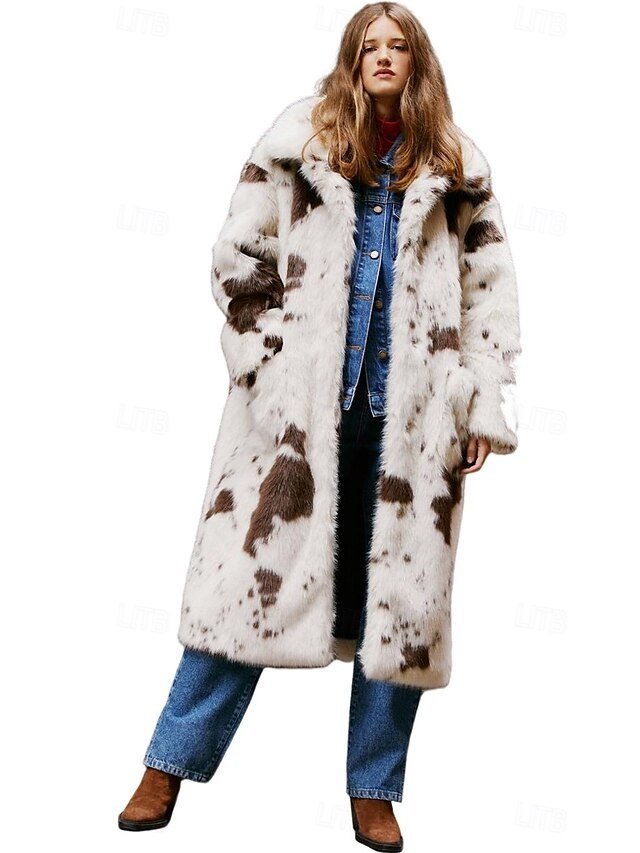 Elegant Loose Cow Print Lapel Long Sleeve Long Coat - Image 1