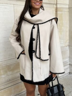 Elegant Loose Embroidered Crewneck Long Sleeve Coat - Image 1