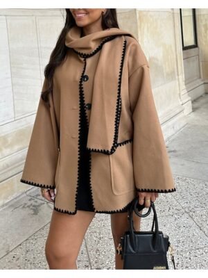 Elegant Loose Embroidered Crewneck Long Sleeve Coat - Image 5