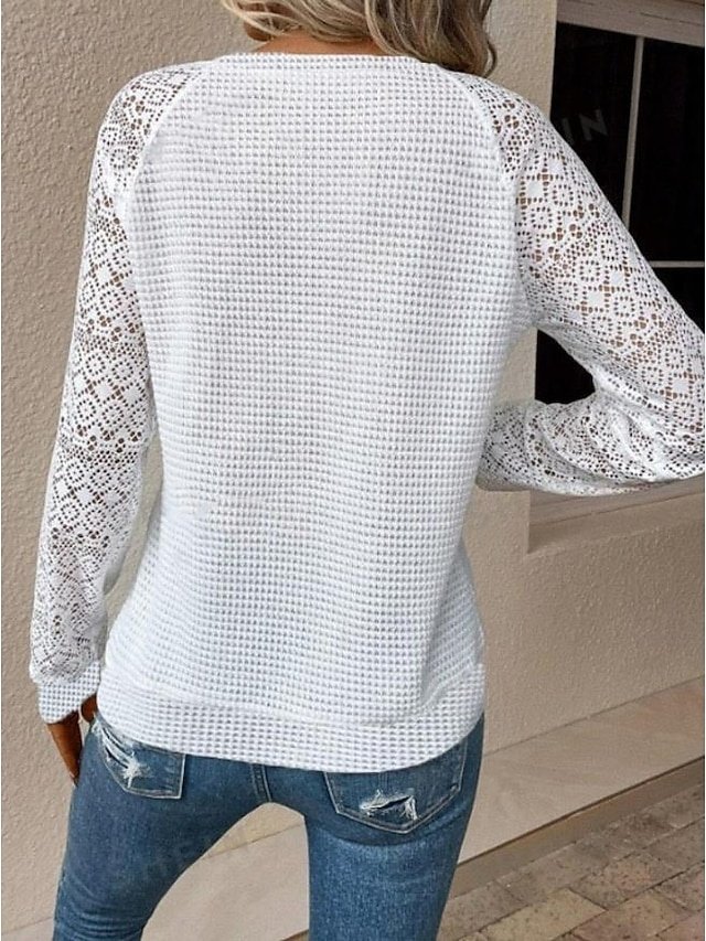 Elegant Loose Eyelet Crew Neck Long Sleeve Sweatshirt - Image 2