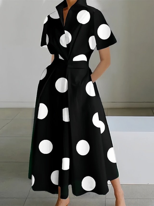 Elegant Loose Fit Black White Shirt Collar Short Sleeve Maxi Dress - Image 1