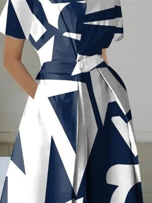 Elegant Loose Fit Black White Shirt Collar Short Sleeve Maxi Dress - Image 2