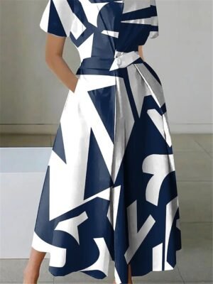 Elegant Loose Fit Black White Shirt Collar Short Sleeve Maxi Dress - Image 3
