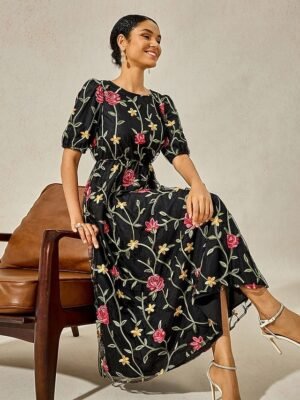 Elegant Loose Fit Floral Crew Neck Puff Sleeve Maxi Dress - Image 1