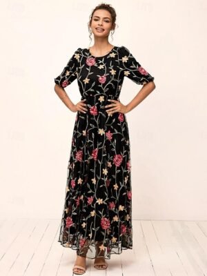 Elegant Loose Fit Floral Crew Neck Puff Sleeve Maxi Dress - Image 10