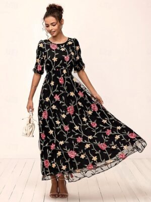 Elegant Loose Fit Floral Crew Neck Puff Sleeve Maxi Dress - Image 11