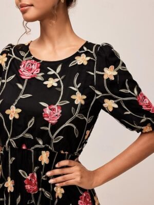 Elegant Loose Fit Floral Crew Neck Puff Sleeve Maxi Dress - Image 12