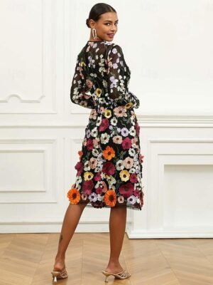 Elegant Loose Fit Floral Crew Neck Puff Sleeve Maxi Dress - Image 16