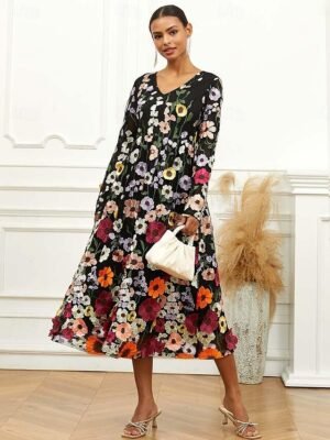 Elegant Loose Fit Floral Crew Neck Puff Sleeve Maxi Dress - Image 17