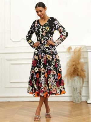 Elegant Loose Fit Floral Crew Neck Puff Sleeve Maxi Dress - Image 18