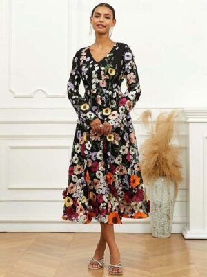 Elegant Loose Fit Floral Crew Neck Puff Sleeve Maxi Dress - Image 19