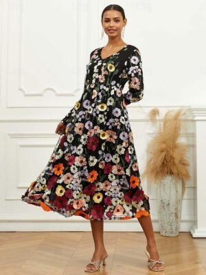 Elegant Loose Fit Floral Crew Neck Puff Sleeve Maxi Dress - Image 20