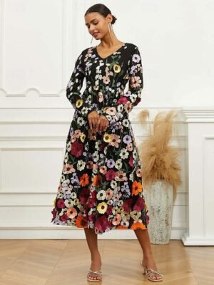Elegant Loose Fit Floral Crew Neck Puff Sleeve Maxi Dress - Image 21