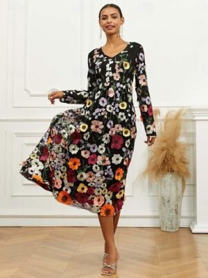Elegant Loose Fit Floral Crew Neck Puff Sleeve Maxi Dress - Image 22