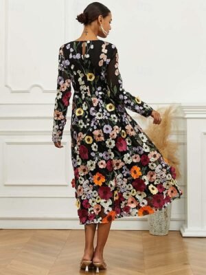 Elegant Loose Fit Floral Crew Neck Puff Sleeve Maxi Dress - Image 23