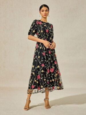 Elegant Loose Fit Floral Crew Neck Puff Sleeve Maxi Dress - Image 4