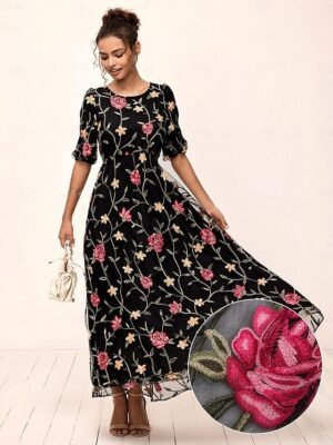 Elegant Loose Fit Floral Crew Neck Puff Sleeve Maxi Dress - Image 6