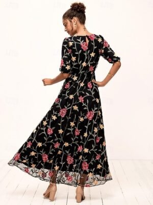 Elegant Loose Fit Floral Crew Neck Puff Sleeve Maxi Dress - Image 8