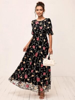 Elegant Loose Fit Floral Crew Neck Puff Sleeve Maxi Dress - Image 9