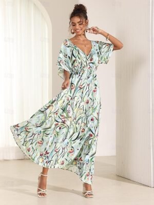 Elegant Loose Fit Floral V Neck Flutter Sleeve Midi Dress - Image 1