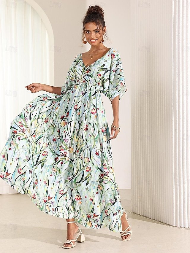 Elegant Loose Fit Floral V Neck Flutter Sleeve Midi Dress - Image 2