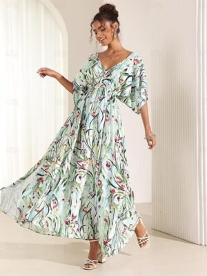 Elegant Loose Fit Floral V Neck Flutter Sleeve Midi Dress - Image 5