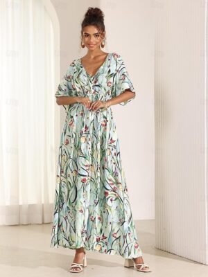 Elegant Loose Fit Floral V Neck Flutter Sleeve Midi Dress - Image 6