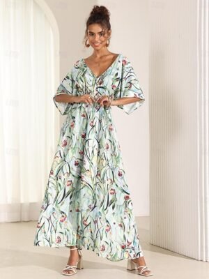 Elegant Loose Fit Floral V Neck Flutter Sleeve Midi Dress - Image 8