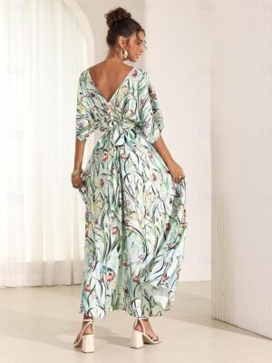 Elegant Loose Fit Floral V Neck Flutter Sleeve Midi Dress - Image 9
