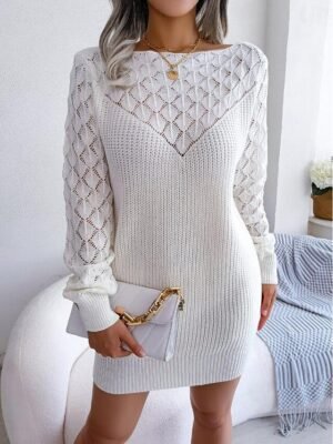 Elegant Loose Fit Plain Crew Neck Long Sleeve Mini Sweater Dress - Image 11