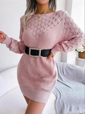 Elegant Loose Fit Plain Crew Neck Long Sleeve Mini Sweater Dress - Image 4